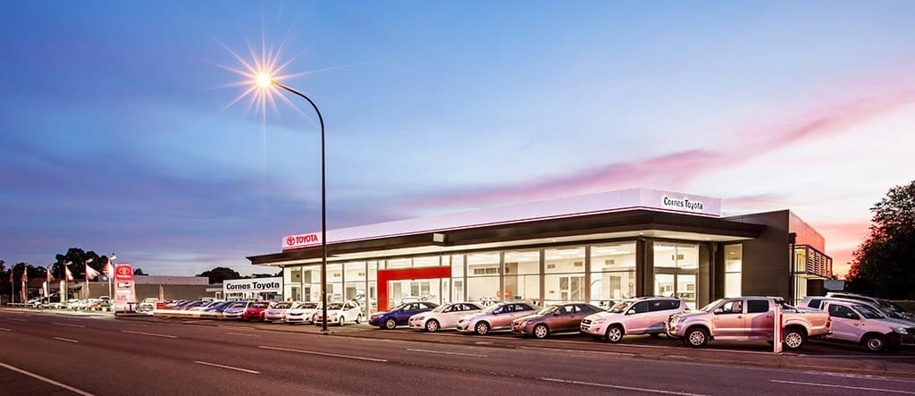 Cornes Toyota Showroom Exterior at Sunset